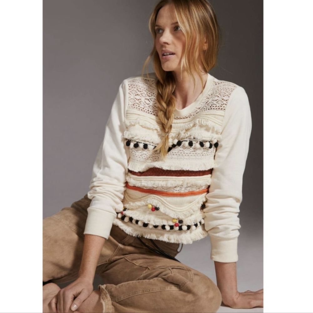 Anthropologie Sweaters Anthropologie Fringed Cream Sweatshirt/Sweater